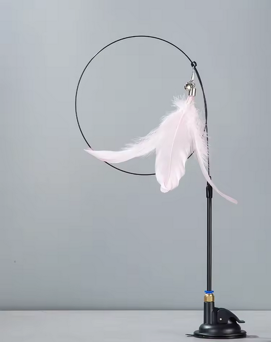 Cat Teaser Wand with Bell – Extendable Rod, Suction Cup Base & Replaceable Feather Head