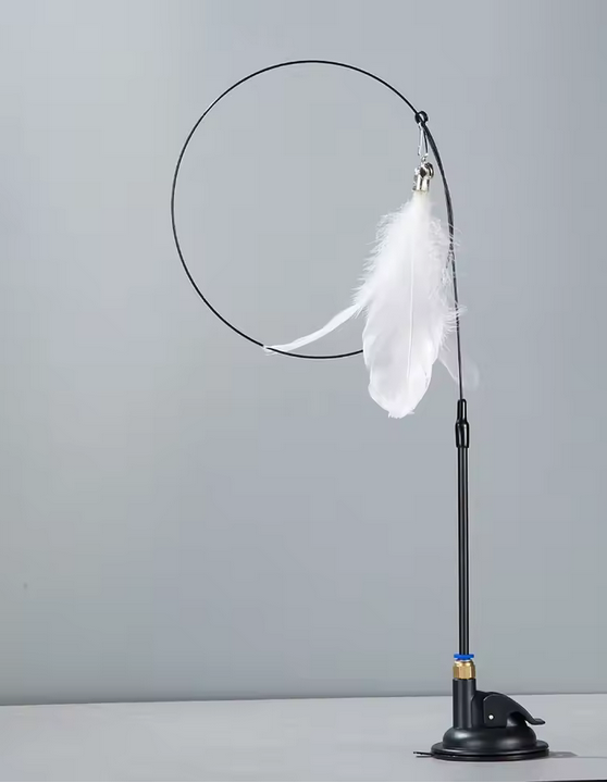 Cat Teaser Wand with Bell – Extendable Rod, Suction Cup Base & Replaceable Feather Head