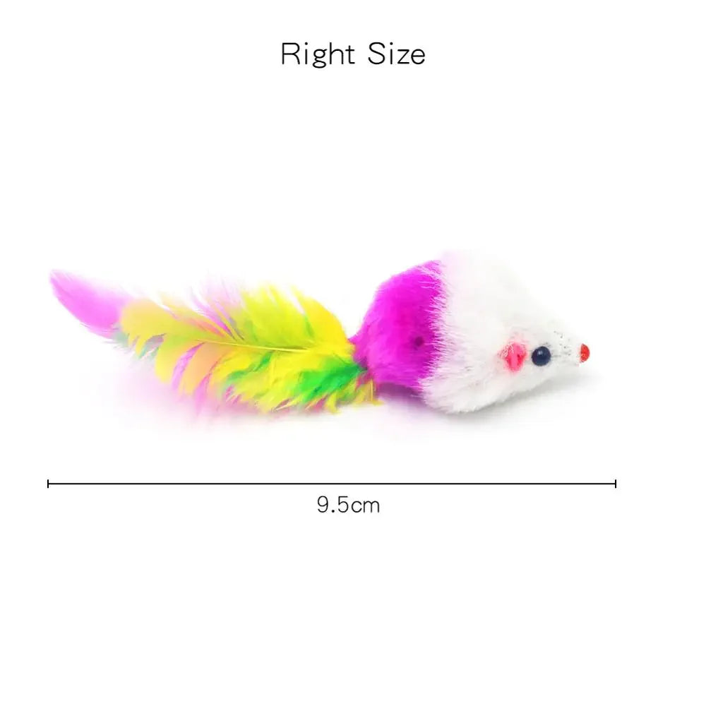 Rainbow Fur Mouse with Feather Tail – Interactive Cat Toy