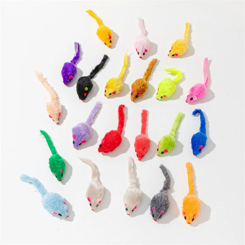 Rainbow Fur Mouse with Feather Tail – Interactive Cat Toy